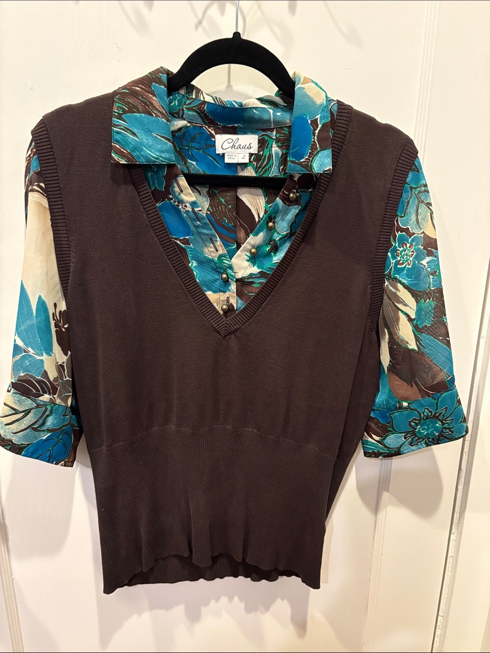 Chaus Brown Knit Sweater Vest with Teal Floral Blouse Top BN534